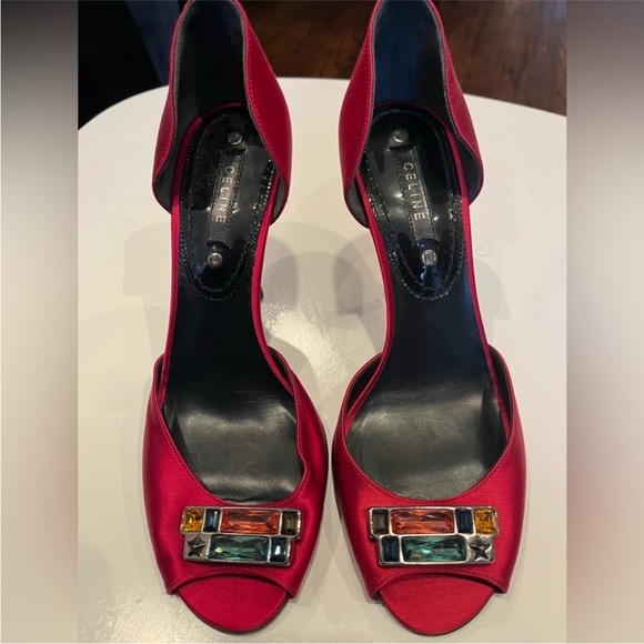 Céline Red Satin Crystal Embellished
D'orsay Peep Toe Pumps Size 37 - Picture 1 of 6